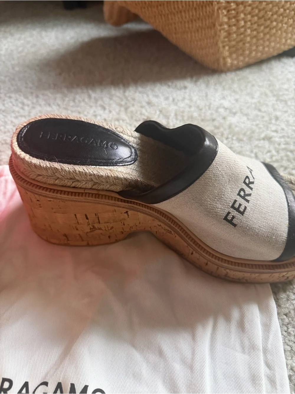 Salvatore Ferragamo Beige and Black Canvas Espadrille Wedge Slides